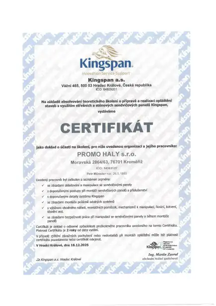 Certifikát - montáž panelů Kingspan_Münster