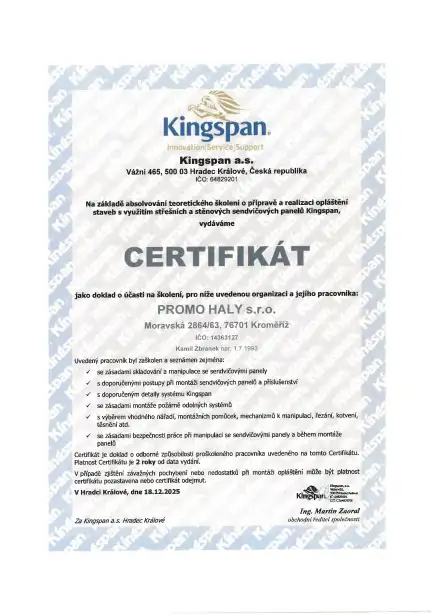 Certifikát - montáž panelů Kingspan